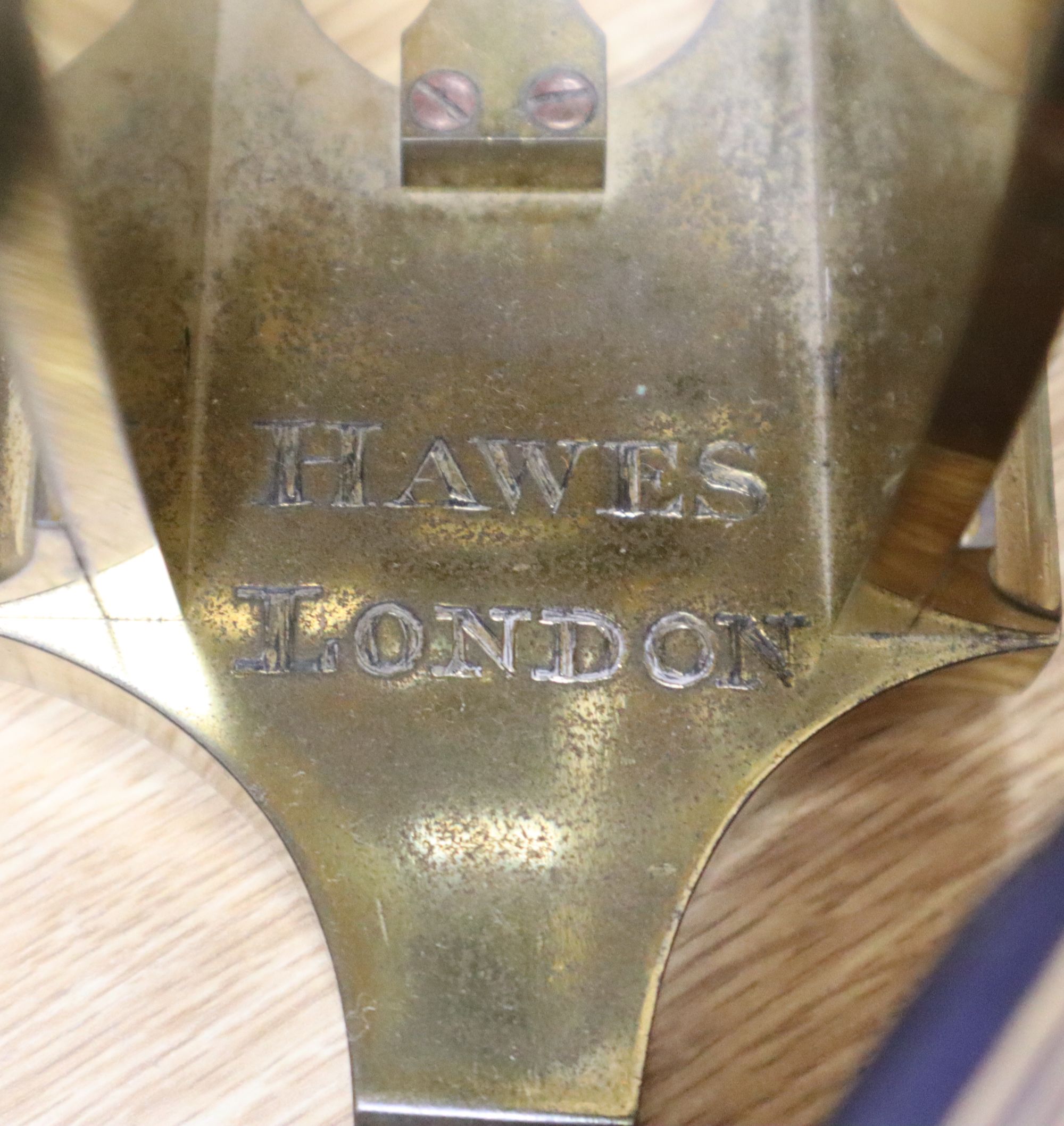 A Hawes of London large brass microscope and box of Victorian and late microscope slides